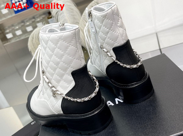 Chanel Lace Up Ankle Boots in White and Black Lambskin and Grained Calfskin Replica