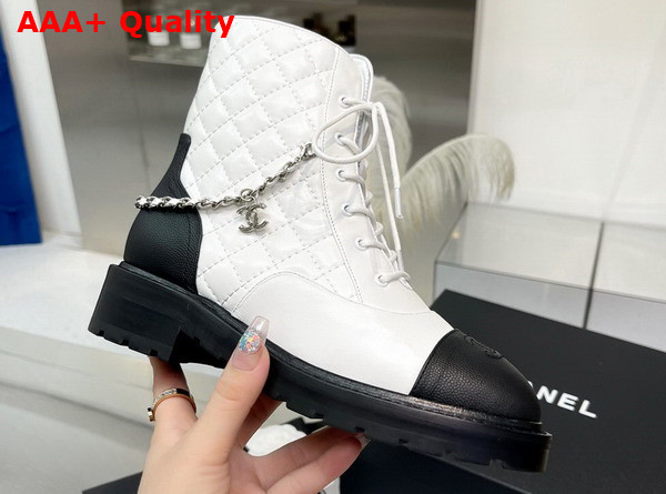 Chanel Lace Up Ankle Boots in White and Black Lambskin and Grained Calfskin Replica