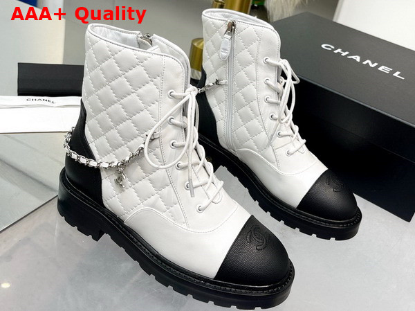 Chanel Lace Up Ankle Boots in White and Black Lambskin and Grained Calfskin Replica