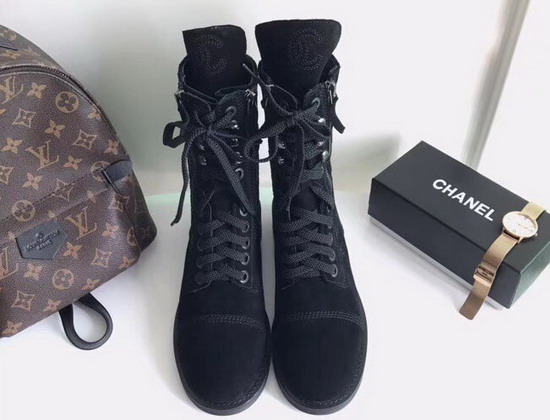 Chanel Lace Up Boot in Black Suede Calfskin