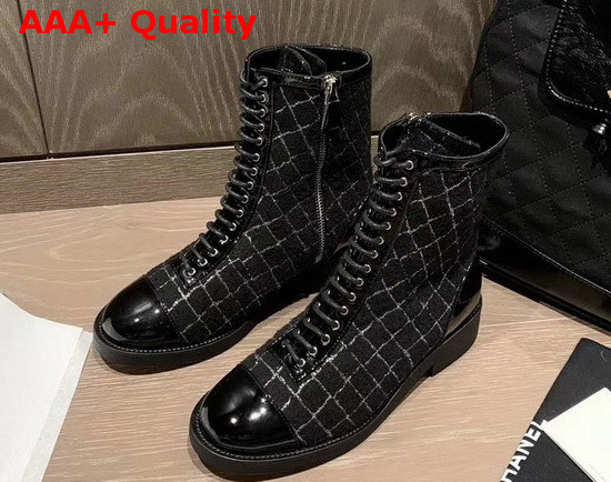 Chanel Lace Up Boot in Black Tweed Replica