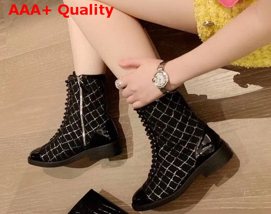 Chanel Lace Up Boot in Black Tweed Replica