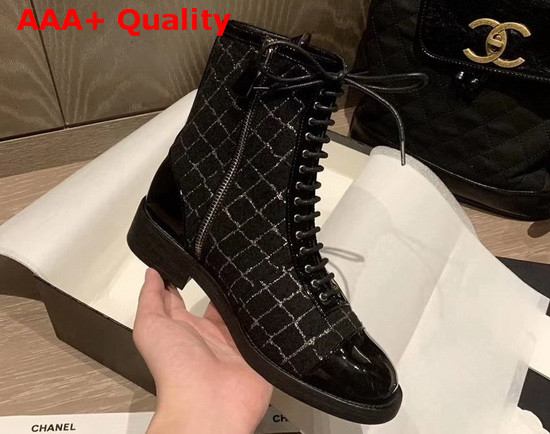 Chanel Lace Up Boot in Black Tweed Replica