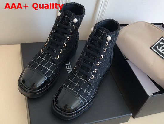 Chanel Lace Up Boot in Tweed Black and Gold Replica