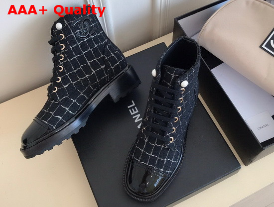 Chanel Lace Up Boot in Tweed Black and Gold Replica