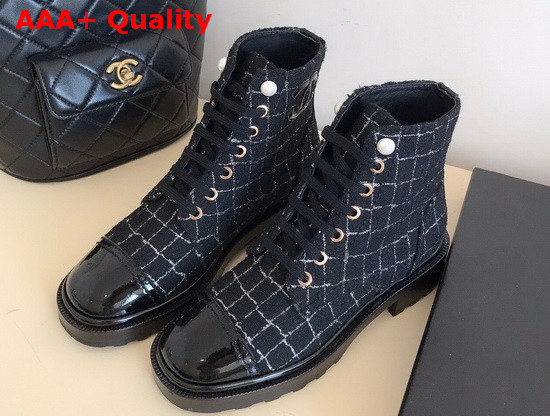 Chanel Lace Up Boot in Tweed Black and Gold Replica