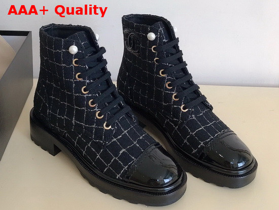 Chanel Lace Up Boot in Tweed Black and Gold Replica