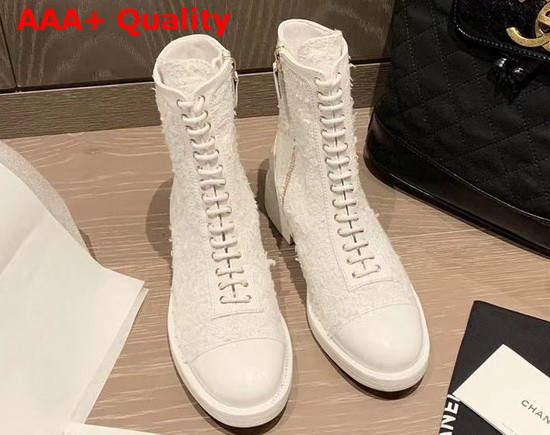 Chanel Lace Up Boot in White Tweed Replica