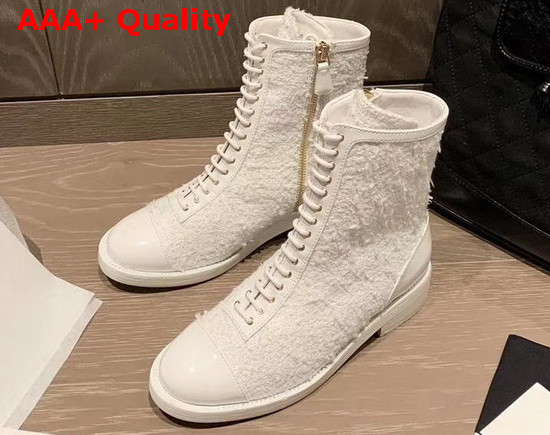 Chanel Lace Up Boot in White Tweed Replica