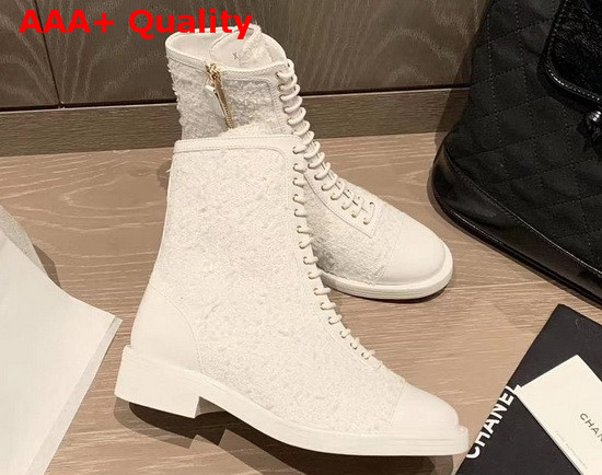 Chanel Lace Up Boot in White Tweed Replica