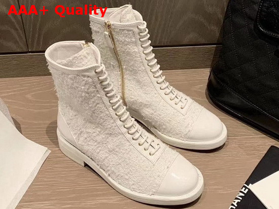 Chanel Lace Up Boot in White Tweed Replica