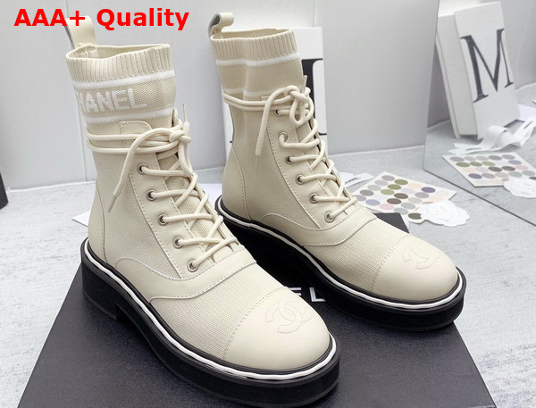 Chanel Lace Up Boots in Beige Calfskin and Knit Replica