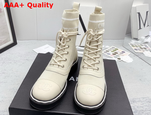 Chanel Lace Up Boots in Beige Calfskin and Knit Replica