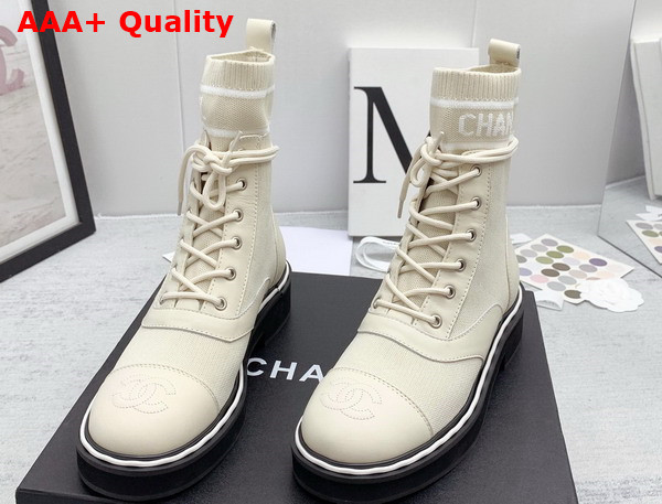 Chanel Lace Up Boots in Beige Calfskin and Knit Replica