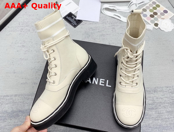 Chanel Lace Up Boots in Beige Calfskin and Knit Replica