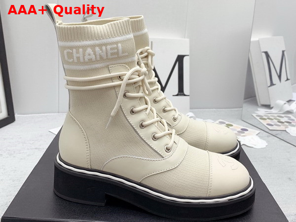 Chanel Lace Up Boots in Beige Calfskin and Knit Replica