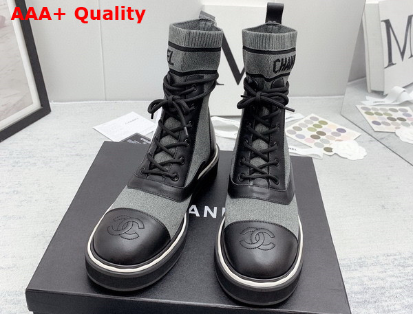 Chanel Lace Up Boots in Black Calfskin and Grey Stretch Knit Replica