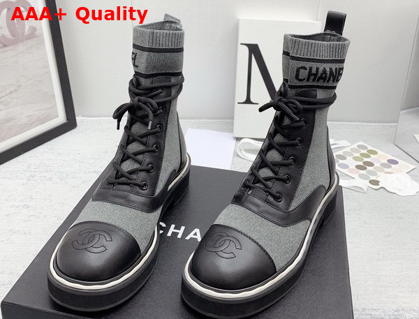 Chanel Lace Up Boots in Black Calfskin and Grey Stretch Knit Replica