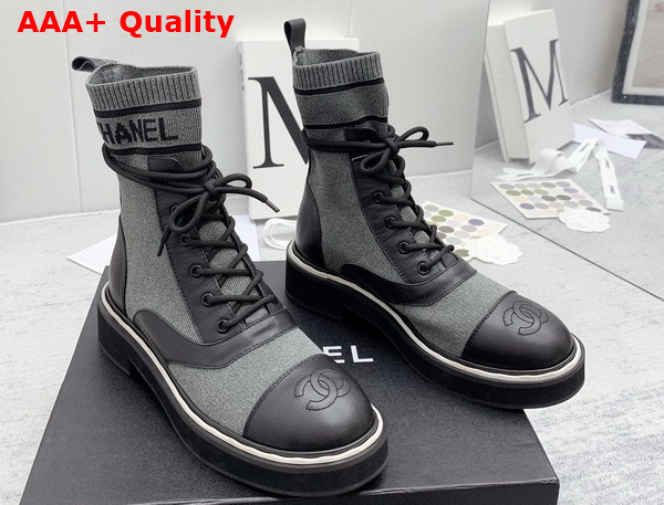 Chanel Lace Up Boots in Black Calfskin and Grey Stretch Knit Replica