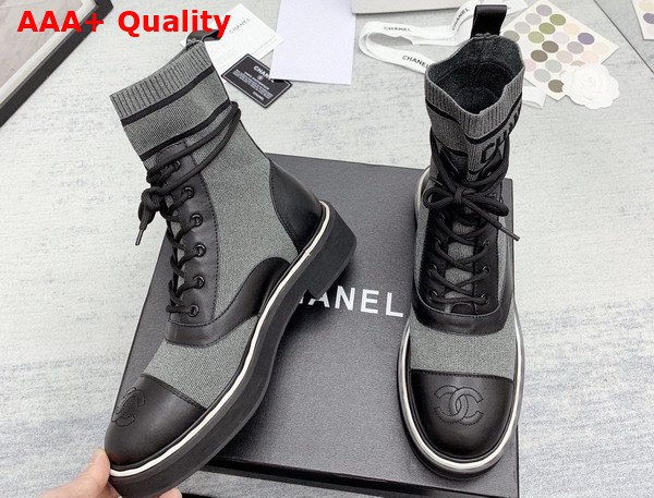 Chanel Lace Up Boots in Black Calfskin and Grey Stretch Knit Replica