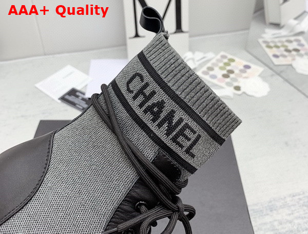 Chanel Lace Up Boots in Black Calfskin and Grey Stretch Knit Replica