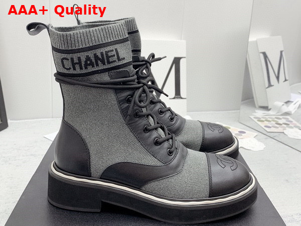 Chanel Lace Up Boots in Black Calfskin and Grey Stretch Knit Replica