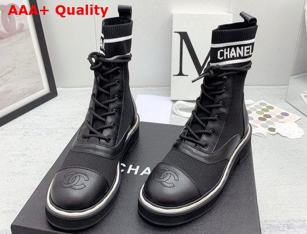 Chanel Lace Up Boots in Black Calfskin and Knit Replica