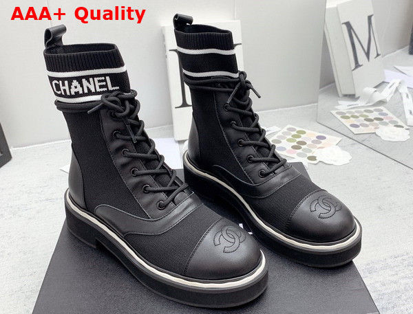 Chanel Lace Up Boots in Black Calfskin and Knit Replica