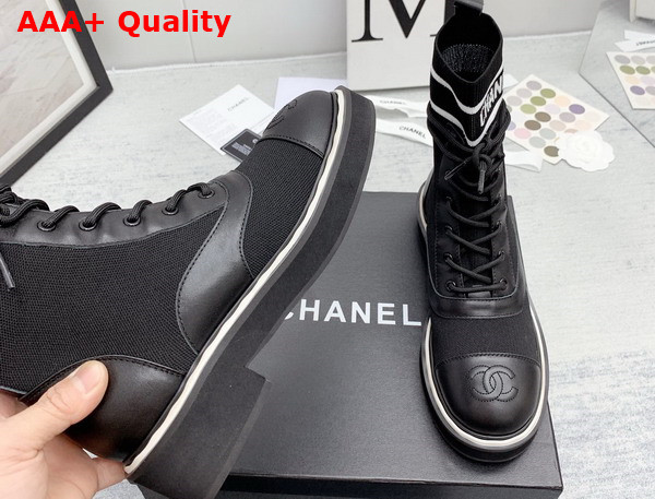 Chanel Lace Up Boots in Black Calfskin and Knit Replica