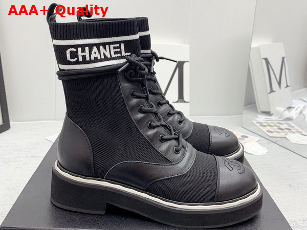 Chanel Lace Up Boots in Black Calfskin and Knit Replica