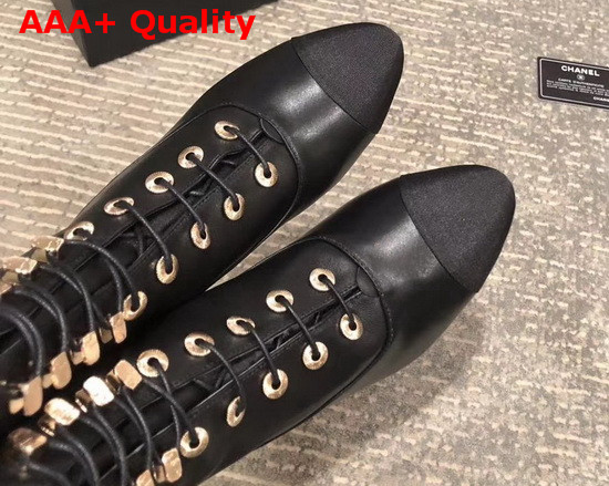 Chanel Lace Up Boots in Black Lambskin and Grosgrain Replica