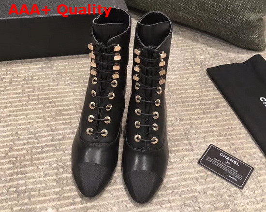 Chanel Lace Up Boots in Black Lambskin and Grosgrain Replica