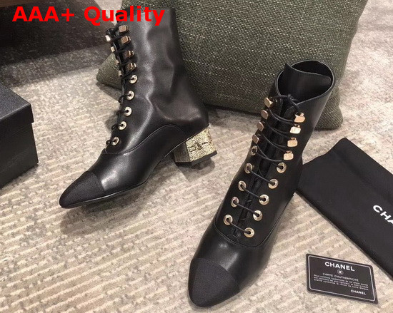 Chanel Lace Up Boots in Black Lambskin and Grosgrain Replica