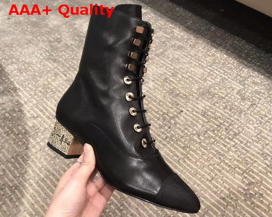 Chanel Lace Up Boots in Black Lambskin and Grosgrain Replica