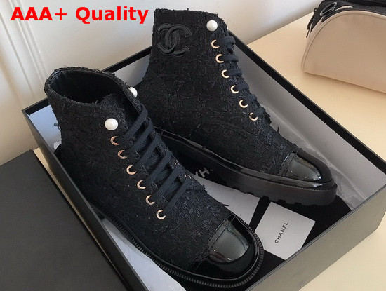 Chanel Lace Up Boots in Black Tweed and Patent Leather Replica