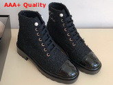 Chanel Lace Up Boots in Black Tweed and Patent Leather Replica