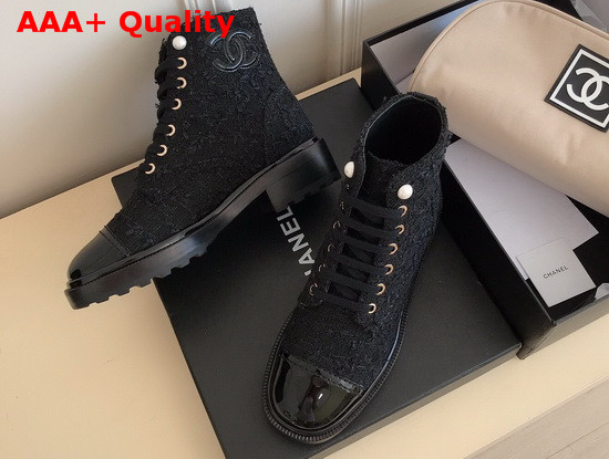 Chanel Lace Up Boots in Black Tweed and Patent Leather Replica