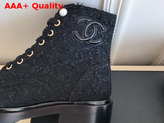 Chanel Lace Up Boots in Black Tweed and Patent Leather Replica