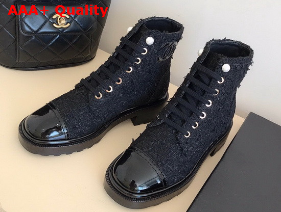 Chanel Lace Up Boots in Black Tweed and Patent Leather Replica