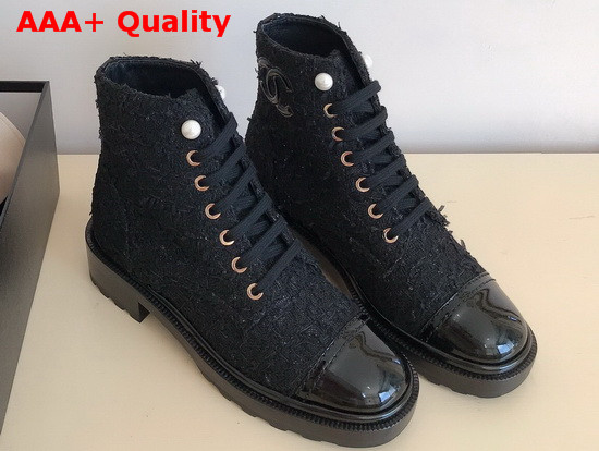 Chanel Lace Up Boots in Black Tweed and Patent Leather Replica