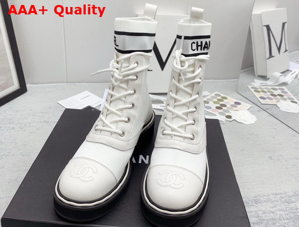 Chanel Lace Up Boots in White Calfskin and Knit Replica