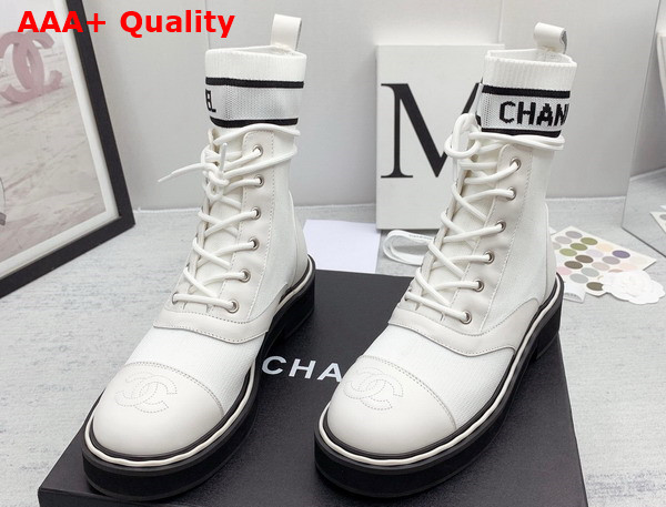 Chanel Lace Up Boots in White Calfskin and Knit Replica