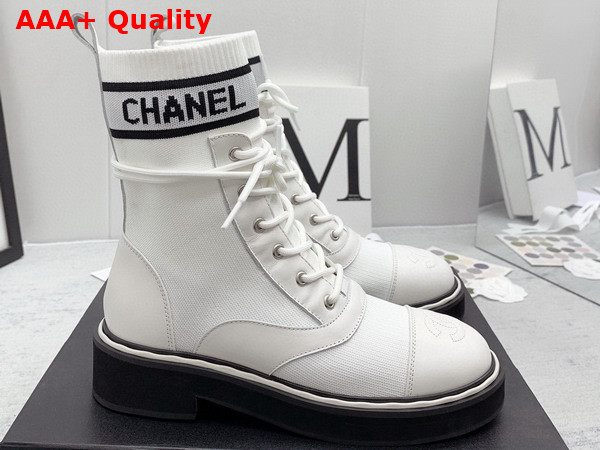 Chanel Lace Up Boots in White Calfskin and Knit Replica