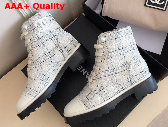 Chanel Lace Up Boots in White Tweed and Calfskin Replica