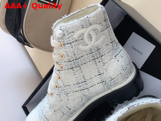 Chanel Lace Up Boots in White Tweed and Calfskin Replica