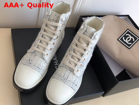 Chanel Lace Up Boots in White Tweed and Calfskin Replica