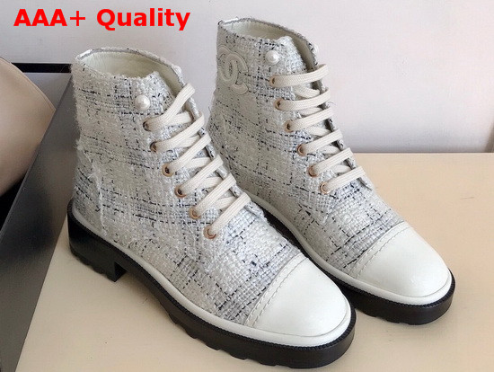 Chanel Lace Up Boots in White Tweed and Calfskin Replica