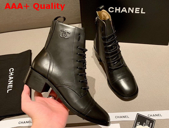 Chanel Lace Up Boots with Side Zip Black Calfskin Replica