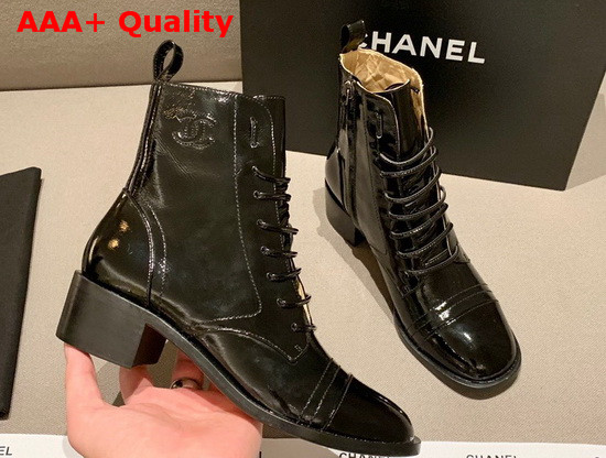 Chanel Lace Up Boots with Side Zip Black Patent Calfskin Replica