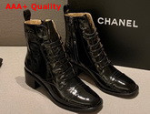 Chanel Lace Up Boots with Side Zip Black Patent Calfskin Replica